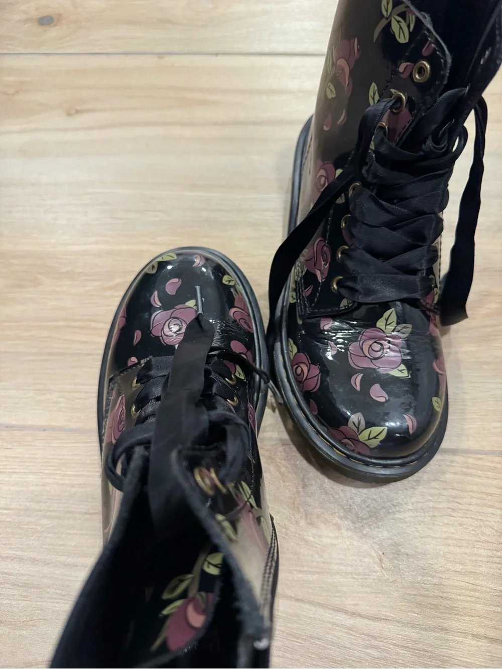 Dr. Martens Black Patent Lace-Up Boots with Pink Rose Print